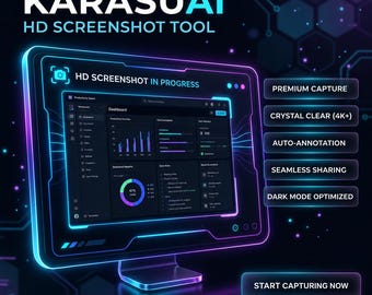 May include: A digital graphic for KarasuAI HD Screenshot Tool featuring a glowing neon-outlined monitor displaying a dashboard interface with charts and text reading HD SCREENSHOT IN PROGRESS. Includes feature buttons and a START CAPTURING NOW button.