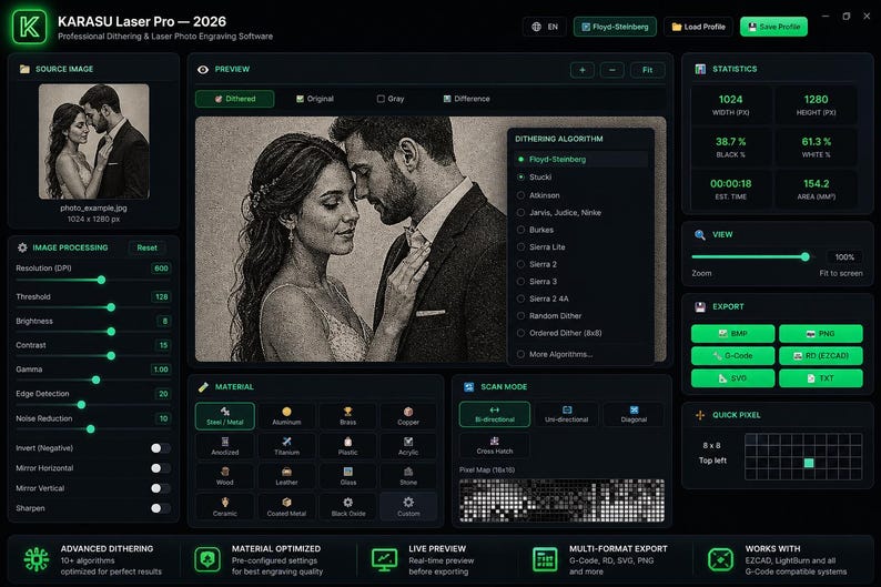 May include: A software interface for laser photo engraving, KARASU Laser Pro - 2026, with a preview of a grayscale image of a couple. The interface includes options for image processing, dithering algorithms, and material selection. The software also features export options.