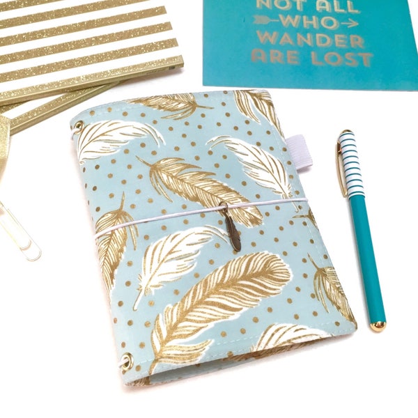 A6 Fauxdori Fabric. Travelers Notebook. A6 Faux Dori. Vegan Fauxdori. School Planner Cover- Gold Feather Fauxdori- Ready to Ship