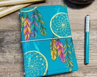 A6 Teal Green Travelers Notebook. A6 DreamDori. Feather Vegan Fauxdori. Dreamcatcher Planner Cover- Ready to Ship