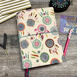 Refillable Travelers Notebook Cover, Journal  Cover, A5 Notebook Cover, Dreamcatcher Fabric Journal Cover, Vegan Planner Cover