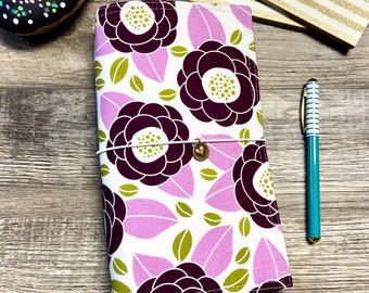 Purple Flower Traveler Notebook, Refillable Journal Cover, Floral Planner Cover, Fabric Fauxdori Cover- Ready to Ship