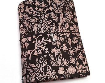 A5 Bullet Journal Cover, Black and Rose Gold Fabric Travelers Notebook Cover, B6 Dreamdori, A5 Notebook Cover, Fabric Fauxdori, BUJO Cover