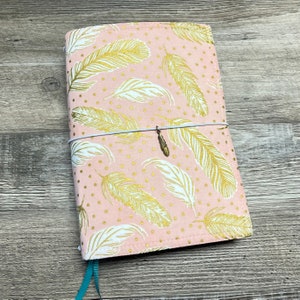 A5 Travelers Notebook Cover, Feather Journal  Cover, Pink and Gold A5 Notebook Cover, A5 Fabric Journal Cover, Vegan Planner Cover