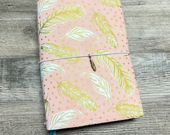 A5 Travelers Notebook Cover, Feather Journal  Cover, Pink and Gold A5 Notebook Cover, A5 Fabric Journal Cover, Vegan Planner Cover