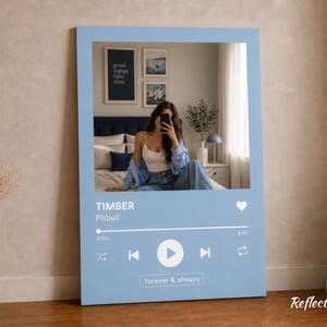 May include: A light blue wall art piece designed to resemble a music player interface. The artwork features a framed photograph of a person, song title "TIMBER" by Pitbull, and the text "forever & always".