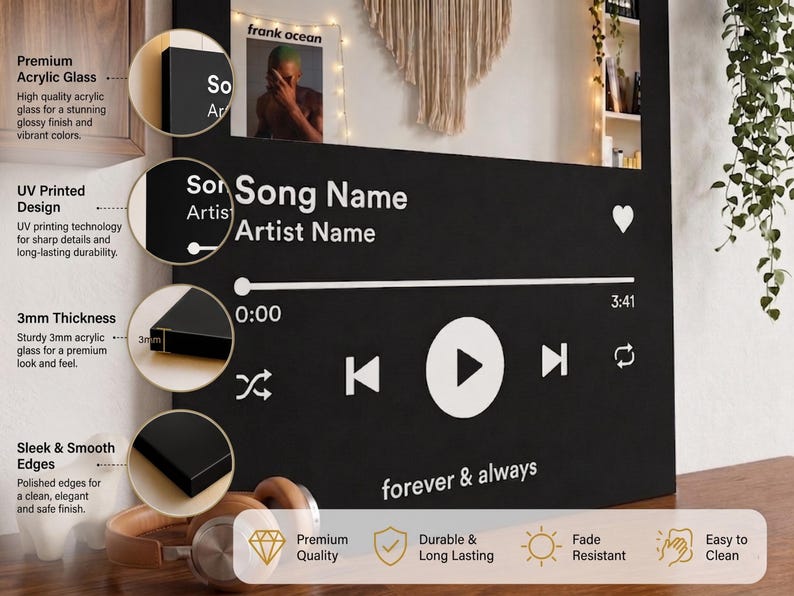 Personalized Music Player Acrylic Mirror Wall Art | Custom Song Display Decor | Spotify Style Gift for Music Lovers