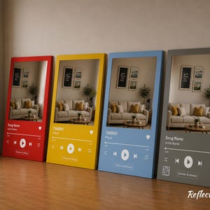 May include: Four rectangular wall art prints in red, yellow, blue, and gray, each featuring a music player interface design. The prints display a central image of a living room with a sofa, along with song title, artist name, and playback controls.