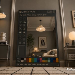 Peut inclure: Un grand miroir rectangulaire conçu pour ressembler à une interface de programme de peinture informatique. Le miroir a un cadre gris foncé avec une barre d'outils d'icônes et une palette de couleurs en bas. Le texte "untitled - Paint" est en haut. Le texte "For Help, click Help Topics on the Help Me." est en bas.