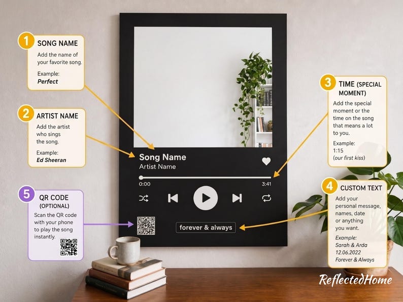 Personalized Music Player Acrylic Mirror Wall Art | Custom Song Display Decor | Spotify Style Gift for Music Lovers
