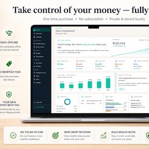 以下が含まれることがあります： 「Take control of your money - fully offline」のテキストが表示された金融ダッシュボードのラップトップ。画面にはグラフや財務データが表示されています。インターフェースはクリーンで使いやすく、アイコンとテキストが特徴です。