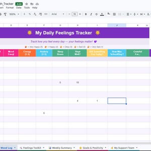 Könnte beinhalten: Eine digitale Tabelle mit dem Titel "Kids Mental Health Tracker" mit einer lila Kopfzeile mit der Aufschrift "My Daily Feelings Tracker". Die Tabelle enthält Spalten für Stimmung, Energie, Angst und Schlaf, die zur Verfolgung täglicher Gefühle dienen.