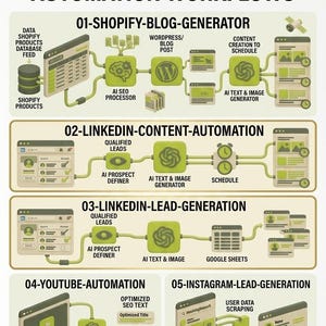 Peut inclure: Infographie présentant 6 flux de travail d'automatisation d'entreprise en ligne. Le graphique utilise une palette de couleurs verte et blanche, avec du texte et des diagrammes illustrant les processus pour Shopify, LinkedIn, YouTube et Instagram.