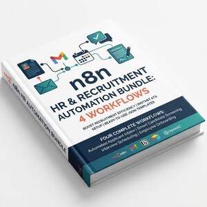 Puede incluir: Un libro blanco titulado n8n HR & RECRUITMENT AUTOMATION BUNDLE 4 WORKFLOWS. La portada presenta iconos de correo electrónico, calendario y documentos, con texto que detalla flujos de trabajo para admisión, selección, entrevistas y onboarding.