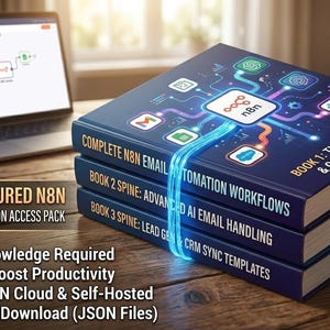 Peut inclure: Trois livres bleus marine empilés, avec des titres blancs : "Complete N8N Email Automation Workflows", "Advanced AI Email Handling", et "Lead Gen CRM Sync Templates". Un ordinateur portable et une tasse de café sont visibles. Les livres indiquent "23 Workflows Included".