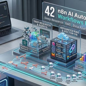 May include: A digital illustration showcasing a laptop, keyboard, and various 3D models representing AI automation workflows. The image includes text that reads "42 n8n AI Automation Workflows Pack" and details on deep research, data analysis, and advanced RAG.