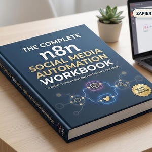 Könnte beinhalten: Ein dunkelblaues Arbeitsbuch mit dem Titel The Complete n8n Social Media Automation Workbook in goldener und weißer Schrift, mit einer Grafik verbundener Social-Media-Symbole, darunter Instagram und Twitter, sowie einem goldenen Siegel für Sofort-Download.