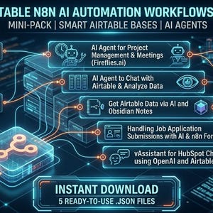Peut inclure: Graphique numérique présentant 5 flux de travail d'automatisation Airtable N8N AI. L'image comprend des icônes et du texte interconnectés, dont "AI Agent", "Database" et "HubSpot". La phrase "Téléchargement instantané" est en évidence, avec "5 fichiers .JSON prêts à l'emploi" en dessous.