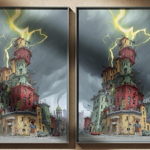 Puede incluir: Dos impresiones artísticas enmarcadas representan un paisaje urbano fantástico con edificios apilados de colores brillantes. Una tormenta dramática ruge arriba, con rayos que golpean la parte superior de la estructura. Coches y edificios bordean la calle.