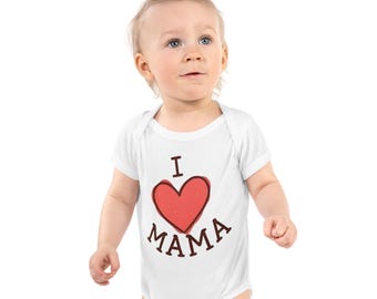 I Love Mama Baby Bodysuit, Red Heart Graphic Infant Romper, Gift for new mom