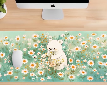 Blooming Meadow Bear Deskpad, Cute Bear Desk Mat, Kawaii Desk Mat, Gaming Mouse Pad, Large Mousepad, Bear Lover Gift, Floral Desk Mat