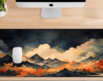 Autumn Mountain Serenity Desk Mat, Lush Botanical Illustration, Design Gaming Mouse Pad, Large Mousepad, Cloud Desk Mat