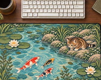 Cute Cat Desk Mat, Kawaii Floral Mouse Pad, Koi Pond Cat Desk Mat, Japanese Garden Mouse Pad, Water Lily Kitten Desk Pad