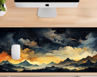 Starry Night Mountains Desk Mat. Ethereal Mountain Landscape, Design Gaming Mouse Pad, Large Mousepad, Cloud Desk Mat, Kawaii Desk Mat