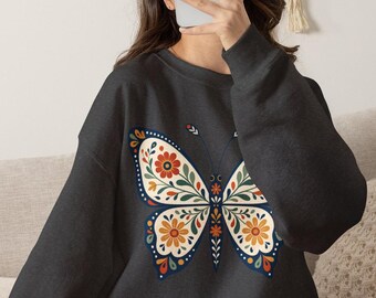 Butterfly Shirt, Folk Art Butterfly Shirt, Floral Butterfly Graphic Tee, Cottagecore Flower T-Shirt, Boho Nature Shirt, Butterfly Sweatshirt
