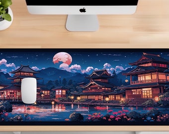 Japanese Garden Desk Mat, Anime Desk Mat, Tranquil Eastern Nightscape Desk Mat, Japanese Office Decor, Japan Desk Decor, Kawaii Desk Mat