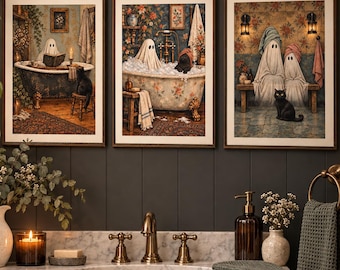 Ghost Bathroom Wall Art Set of 3, Vintage Halloween Prints, Whimsical Spooky Decor (Unframed)