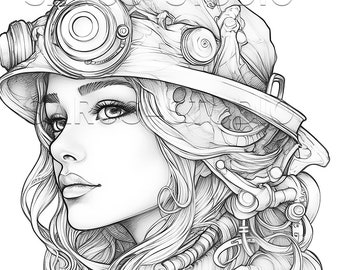 Steampunk Women Coloring Page, Grayscale Coloring Page, Printable Adult Women Coloring Pages, Instant Download, JPEG, PDF