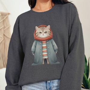 Kattentrui, dikke kat in trui, winter kattentrui, kattenliefhebber cadeau, grappige kat trui, schattige kat ronde hals, schattige kat trui