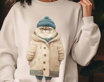 Grumpy Cat Winter Attire - Sweatshirt, Cat Lover Gift,  Cozy Kitty Apparel, Humorous Cat Shirt, Cute Cat Lover Crewneck, Cute Cat Sweatshirt