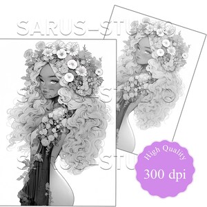 Premium Coloring Page, Grayscale Coloring Page, Printable Adult Women Coloring Pages, Instant Download, JPEG, PDF, Elegant Beauties 1
