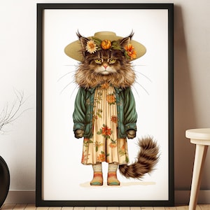 Bohemian Chic Cat Print Art, Floral Feline Art, Cute Cat Art, Funny Cat Art, Vintage-Inspired Cat Art, Cat Lover Gift, Retro Cat Art