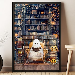 Ghost on Library Wall Art, Vintage Halloween Ghost Paint, Spooky Dark Academia Decor, Reading Funny Halloween Gift, Boo-kish and Bewitched