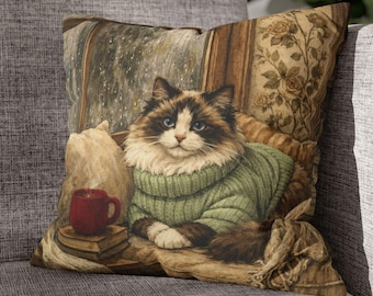 Cozy Ragdoll Cat Throw Pillow, Vintage Watercolor Cottagecore Cushion, Reading Nook Decor, Neutral Cottage Home Cushion, Cat Lover Gift