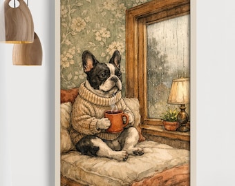 French Bulldog Wall Art Print, Grand millennial Neutral Home Decor, Dog With Coffee Art, Funny Bulldog Lover Gift , Dog Lover Gift(Unframed)
