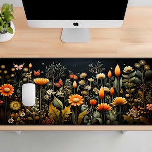 Dark Cottagecore Desk Mat, Floral & Botanical Mouse Pad, Vintage Aesthetic Workspace Decor, Nature-Inspired Extended Desk Mat