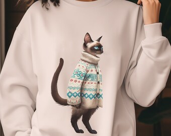 Siamese Cat in Cozy Winter Sweater, Cute Feline Fashion Tee, Unique Cat Lover Gift, Cozy Kitty Apparel, Humorous Cat Shirt