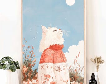Katt i tröja, söt kattkonst, kattdekor, rolig kattkonst, vintageinspirerad kattkonst, kattposter, kattälskarepresent, kattkonst i underlandet, modern