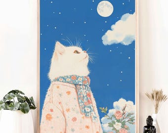 Katt i tröja, söt kattkonst, kattdekor, rolig kattkonst, vintageinspirerad kattkonst, kattposter, kattälskarepresent, kattkonst i underlandet, modern