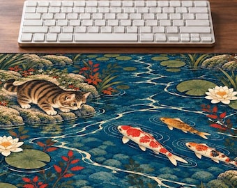 Koi Pond Cat Desk Mat, Japanese Garden Mouse Pad, Water Lily Kitten Desk Pad