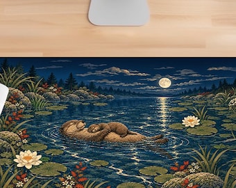 Cute Otter Desk Mat, Moonlit Lake Nature Art, Japanese Style Large Mouse Pad