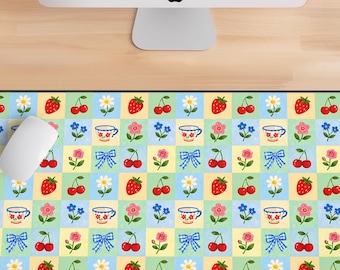 Kawaii Pastel Grid Desk Mat, Fruit Floral Desk Mat, Pastel Cherry Strawberry Desk Pad, Cute Desk Pad, Gingham Desk Mat, kawaii desk mat cute