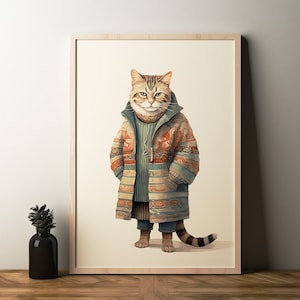 Winter Cat Art, Cat Decor, Funny Cat Art, Cat Poster, Minimalistic, Modern, Cat Poster, Cat In Winter Coat