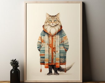 Arte de gato de invierno, decoración de gatos, arte divertido de gatos, minimalista, arte moderno, póster de gatos, regalo para amantes de los gatos