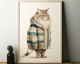 Feline Winter Wonderland- Cat Art, Cat In Winter Coat, Cat Decor, Funny Cat Art, Minimalistic, Modern art, Cat Poster, Cat Lover Gift