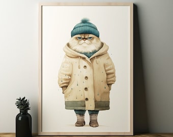Póster de gato gordo con abrigo, impresión, arte de pared, regalo para amantes de los gatos, lindo, divertido, pintura, moderno, de moda, vintage, retro, minimalista